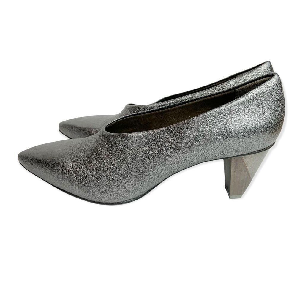 NWOB Coclico James Gray Metallic Wood Heel Point Toe Slip On Heels Size EU38